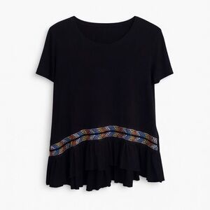 🖤 Pebble & Stone Boho Ruffle Hem Top | Embroidered Detail | Size Small